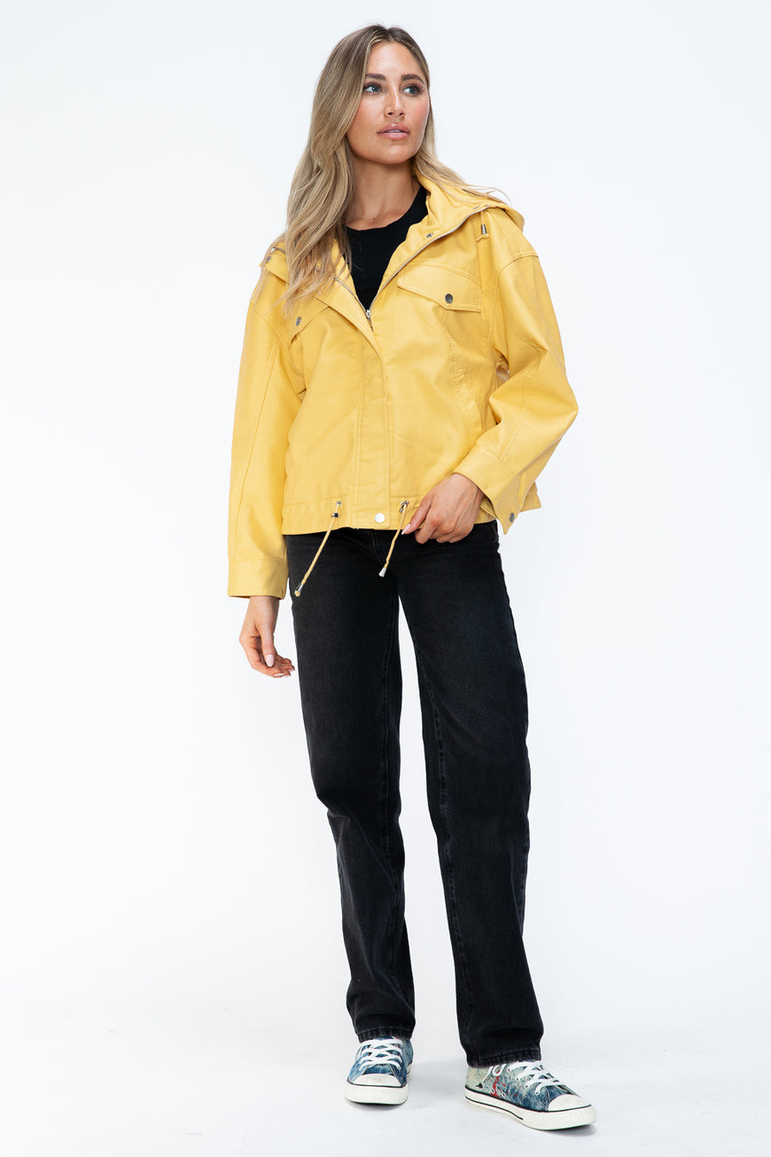 How Dare U Drawstring Hem PU Leather Zip Up Jacket - TopFashionHQ