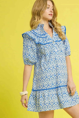 Umgee Ruffled Printed Puff Sleeve Mini Dress