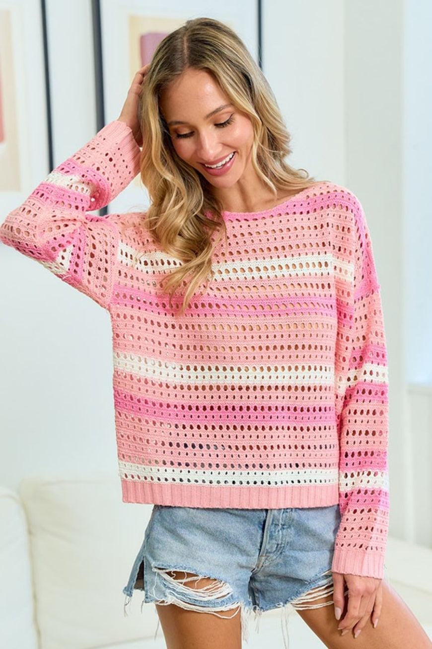 First Love Striped Long Sleeve Openwork Knit Top - TopFashionHQ