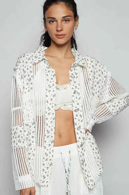 POL Floral Crochet Patchwork Long Sleeve Shirt