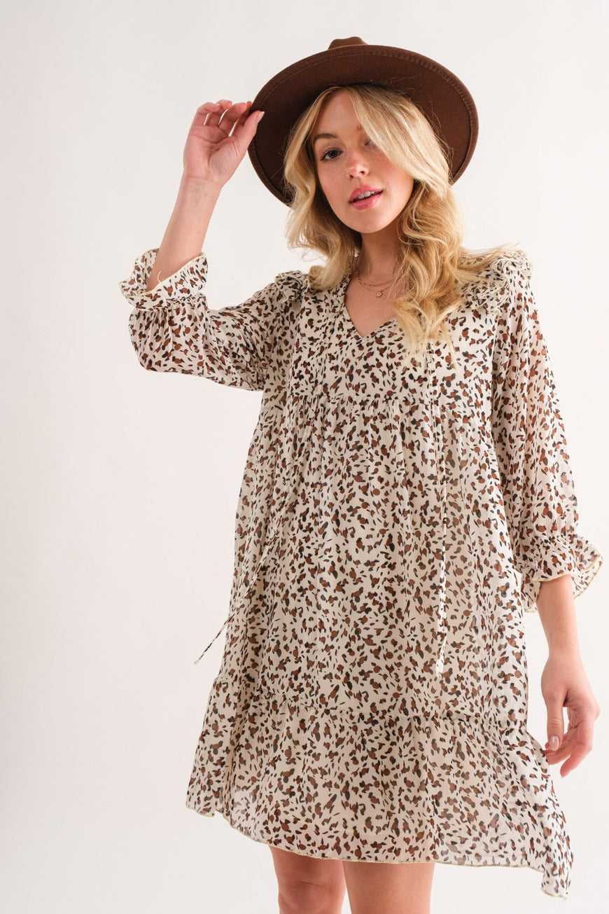 And The Why Leopard Ruffle Hem Woven Mini Dress