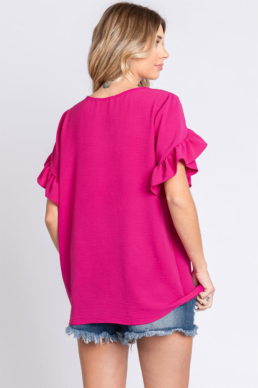 GeeGee V-Neck Ruffle Trim Short Sleeve Blouse - TopFashionHQ