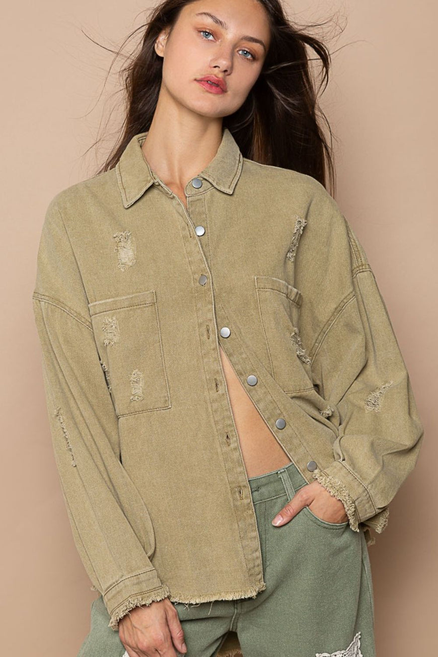 POL Button Down Raw Hem Distressed Shacket - TopFashionHQ