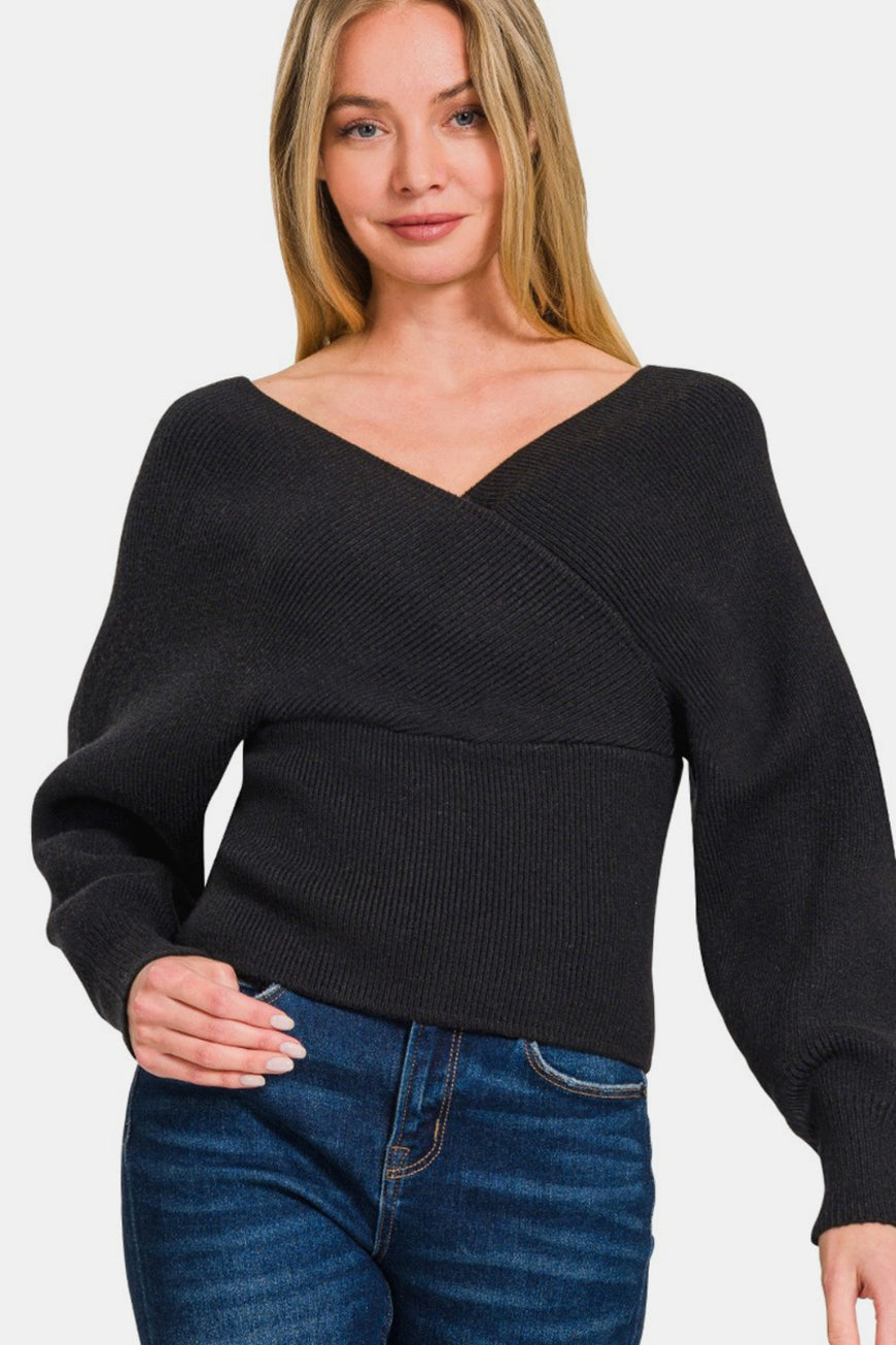 Zenana Cross Wrap Rib Long Sleeve Sweater