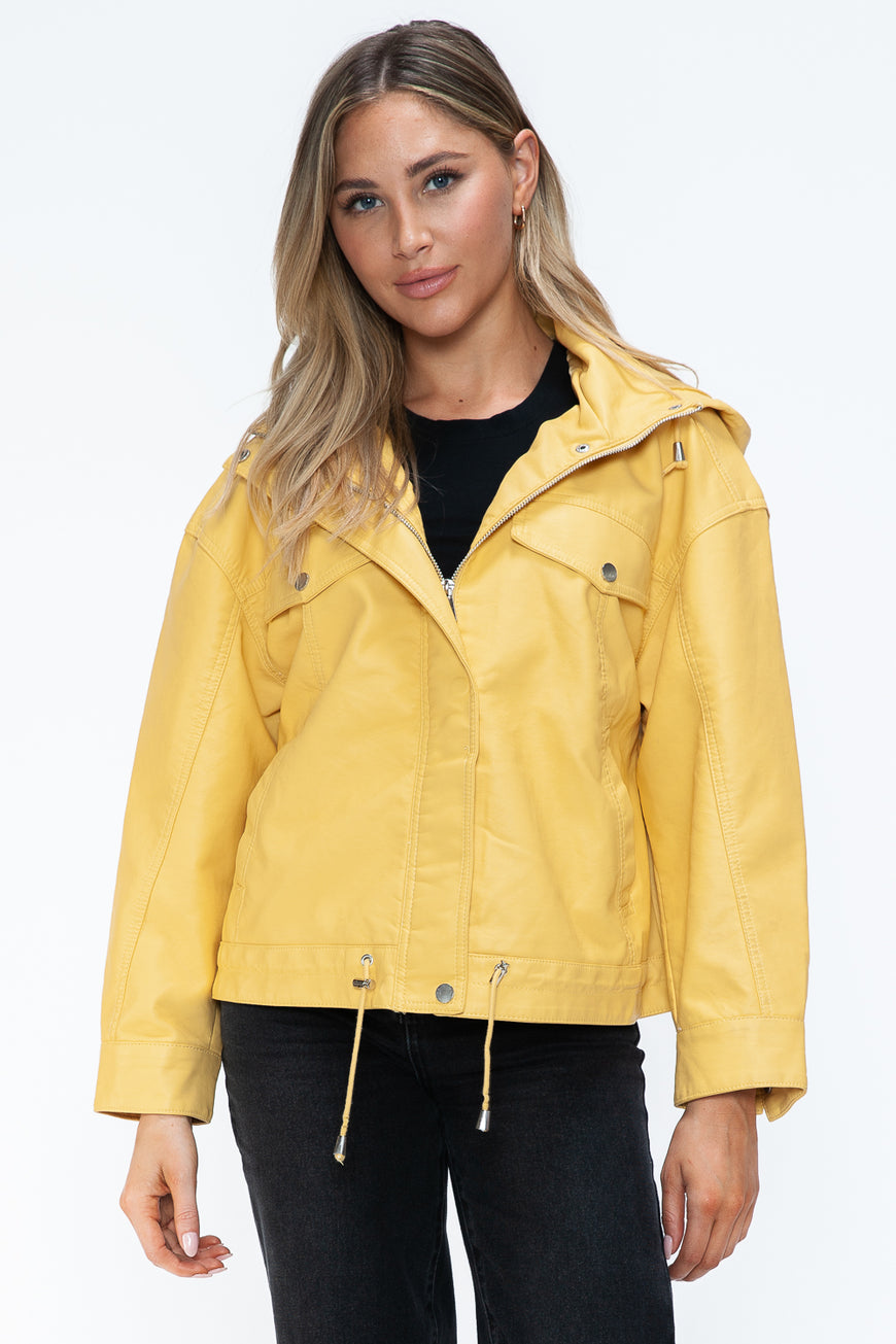 How Dare U Drawstring Hem PU Leather Zip Up Jacket - TopFashionHQ