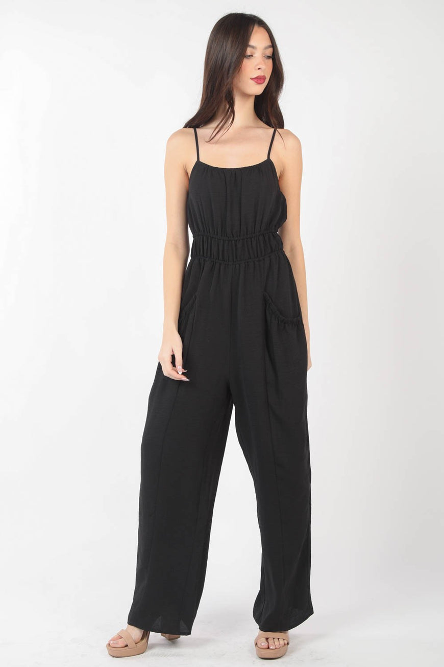VERY J Pintuck Detail Woven Sleeveless Jumpsuit - TopFashionHQ