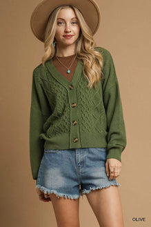 Umgee Chunky Cable Knit V-Neck Button-Up Cardigan