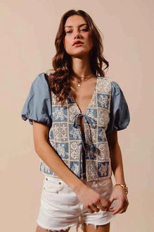 SO ME Crochet Lace Tie Front V Neck Blouse Top