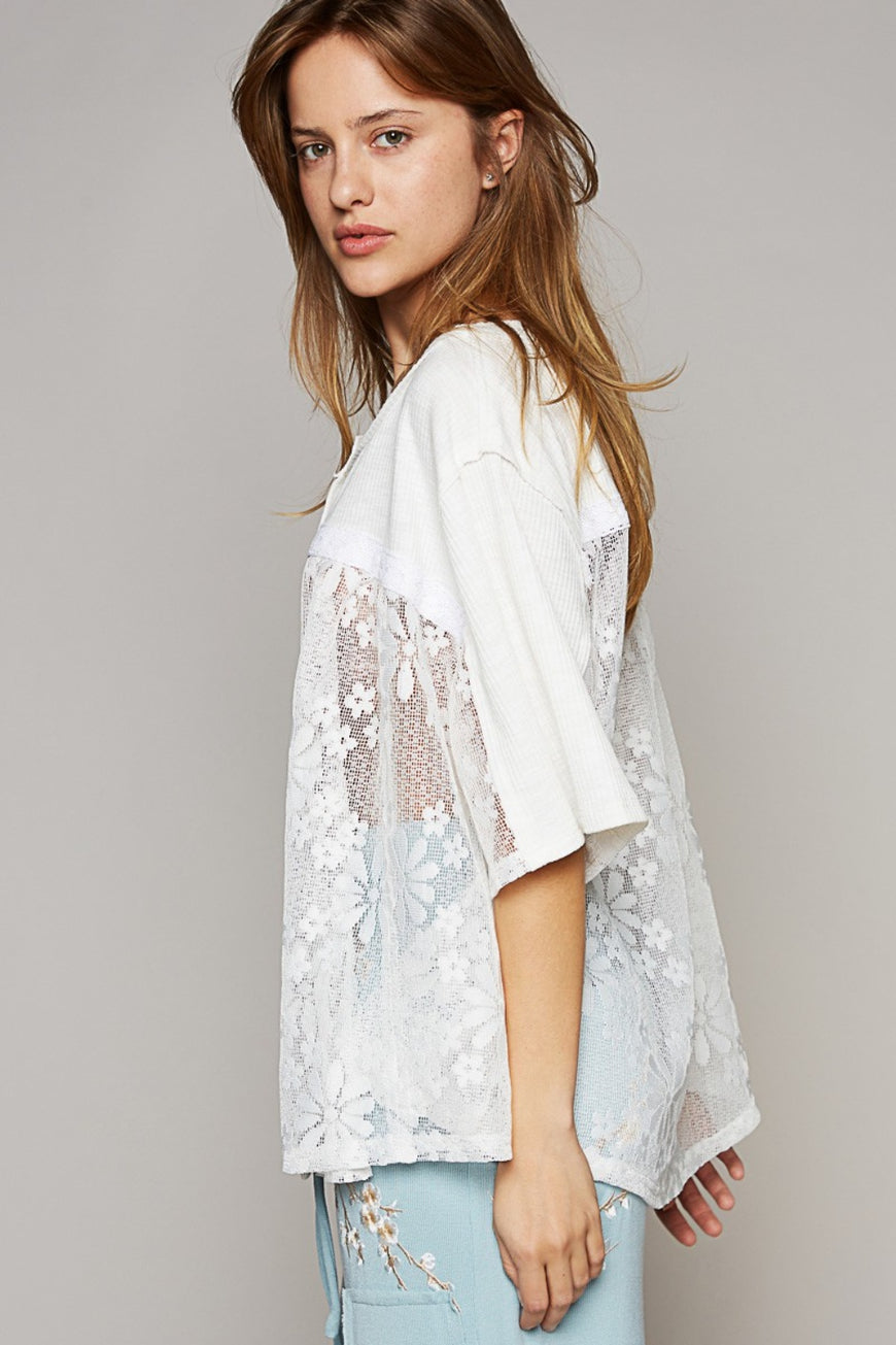 POL Round Neck Short Sleeve Lace Top - TopFashionHQ