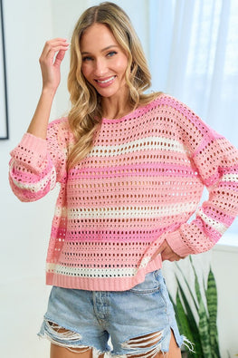 First Love Striped Long Sleeve Openwork Knit Top - TopFashionHQ