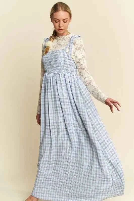 Davi & Dani Plaid Smocking Sleeveless Maxi Dress
