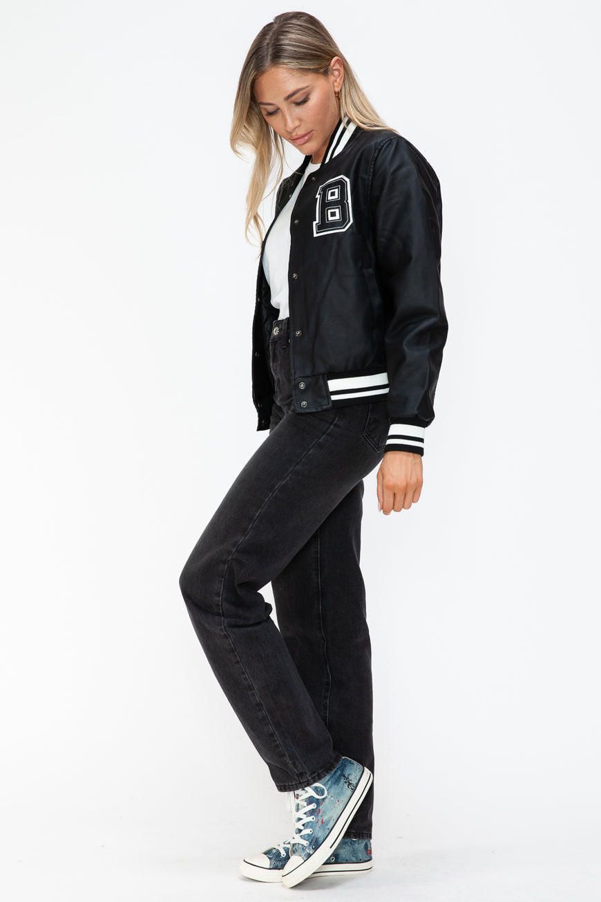 Love Me Now PU Leather Contrast Snap Down Bomber Jacket - TopFashionHQ