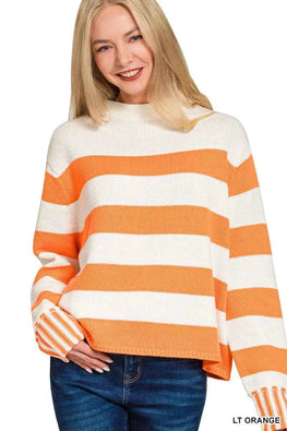 Zenana Ribbed Striped Mock Neck Sweater