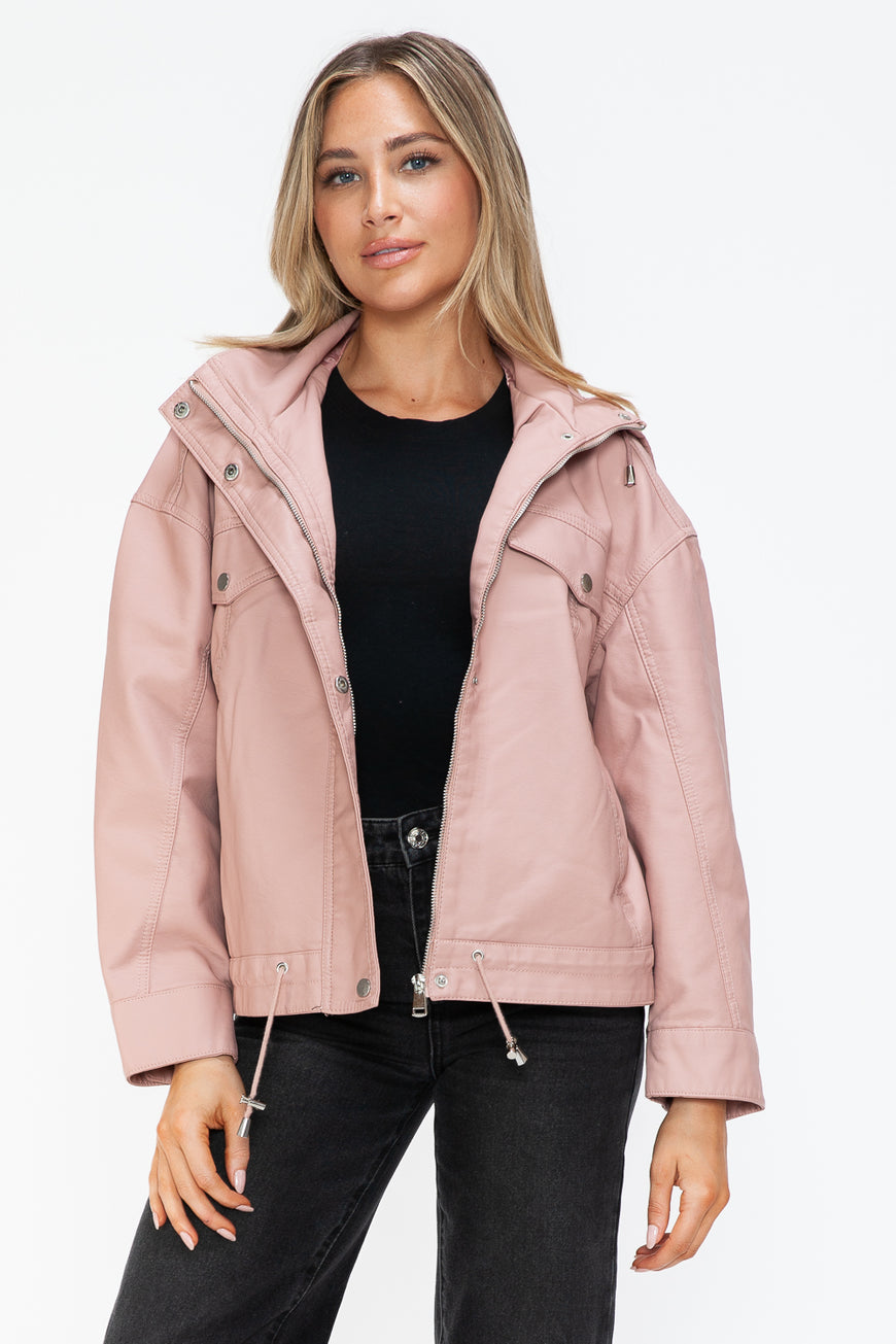 How Dare U Drawstring Hem PU Leather Zip Up Jacket - TopFashionHQ