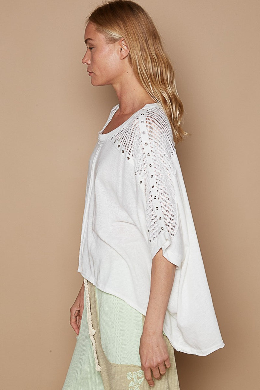 POL Eyelet Detail Studded High-Low Top - TopFashionHQ