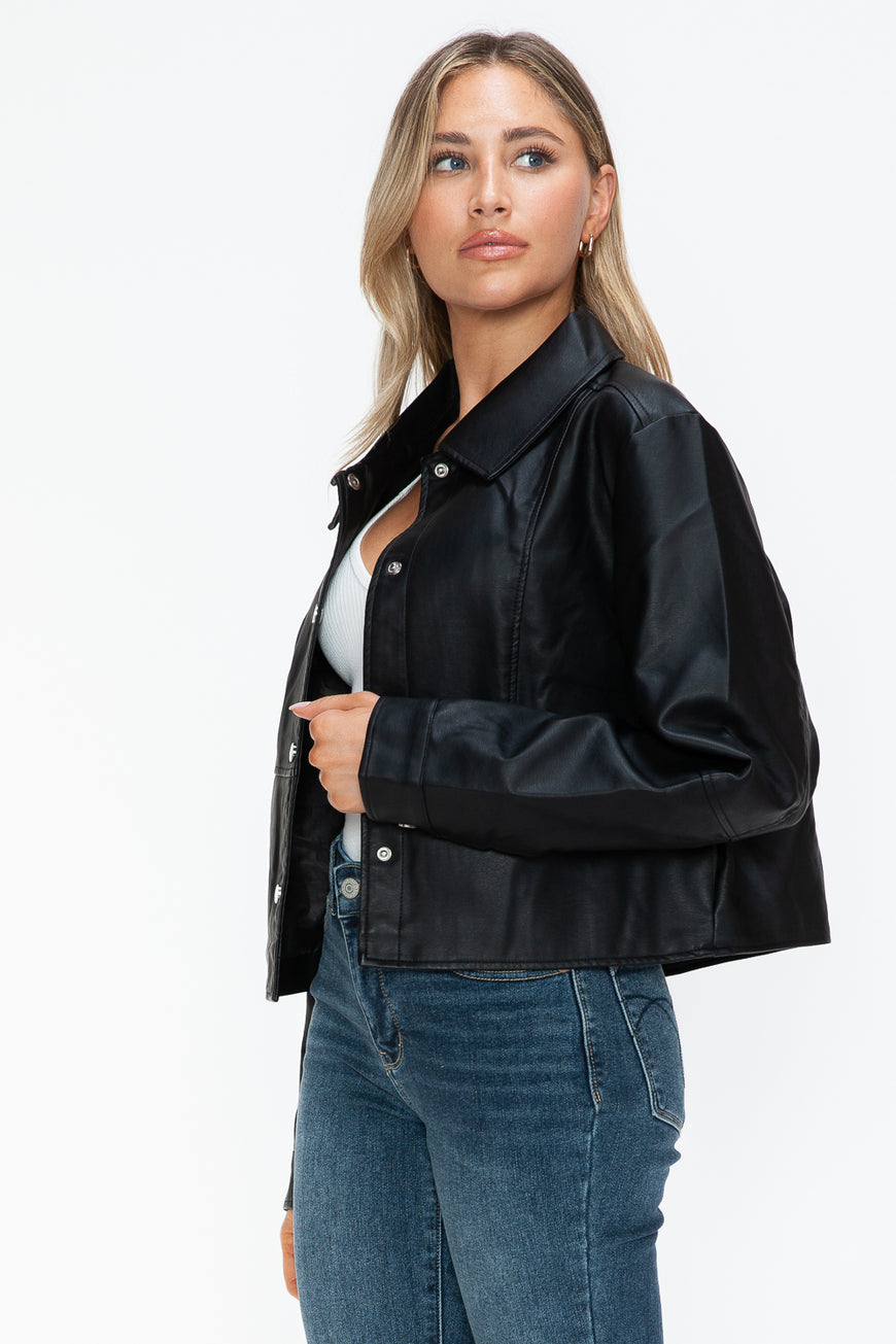 Snobbish Snap Down Long Sleeve PU Leather Jacket - TopFashionHQ