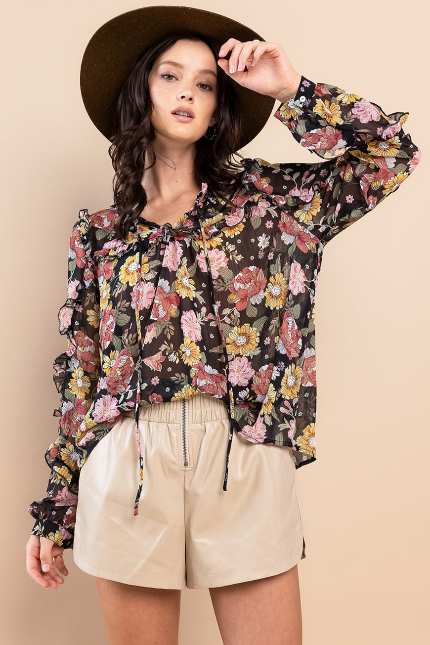 Ces Femme Ruffle Trim Long Sleeve Floral Blouse - TopFashionHQ