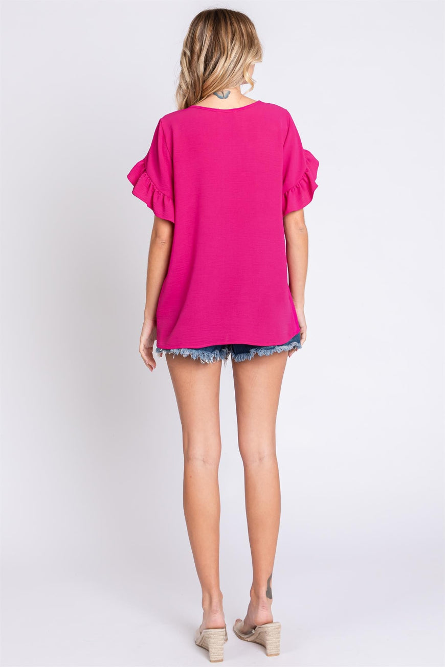 GeeGee V-Neck Ruffle Trim Short Sleeve Blouse - TopFashionHQ