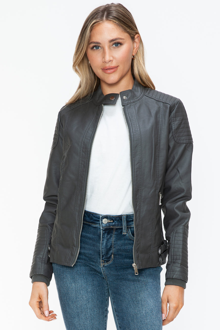 Snobbish Faux Leather Biker Jacket with Side Zip Pockets - TopFashionHQ