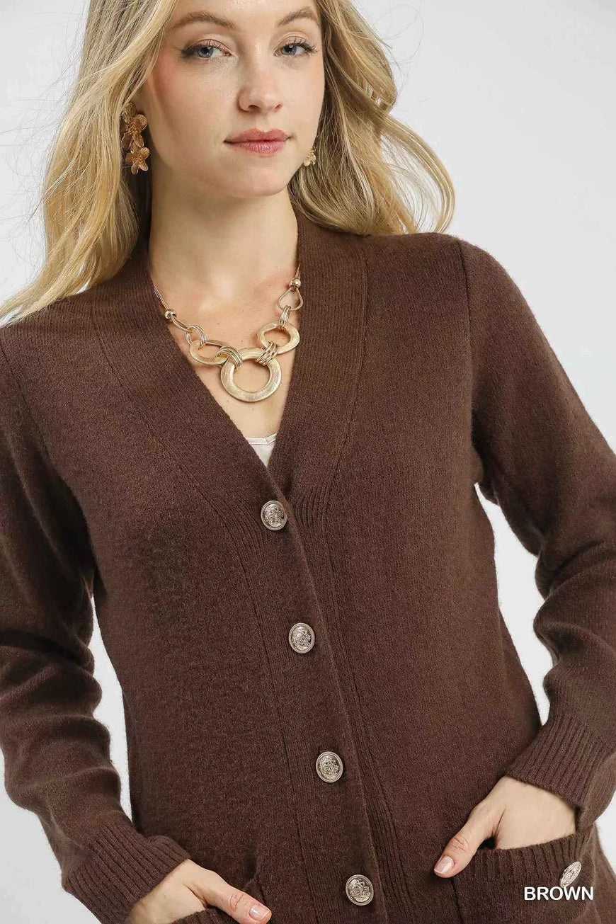 Umgee Button-Down Longline Sweater Cardigan with Front Pockets