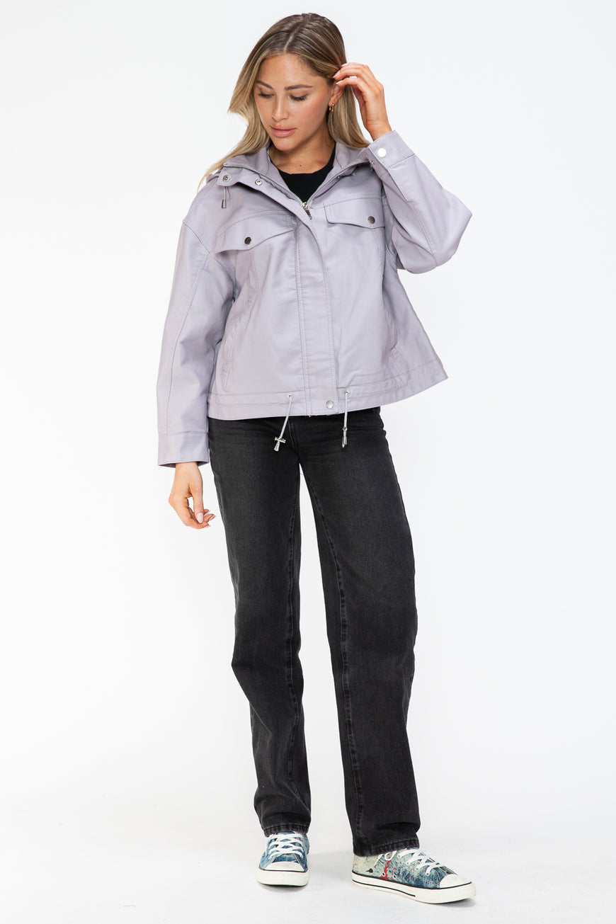 How Dare U Drawstring Hem PU Leather Zip Up Jacket - TopFashionHQ