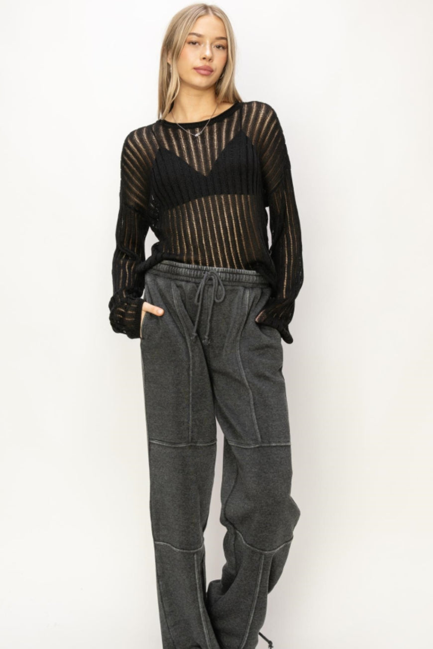 HYFVE Openwork Ribbed Long Sleeve Knit Top - TopFashionHQ