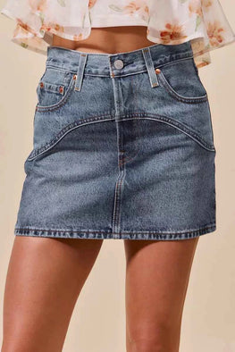 SO ME Washed Denim Mini Skirt with Pockets