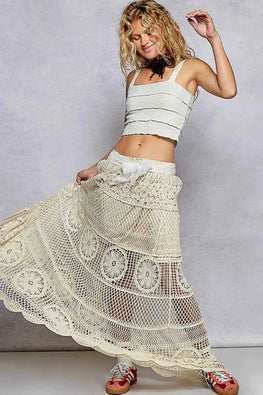 POL Crochet Floral Flared Skirt with Elastic Waist Band