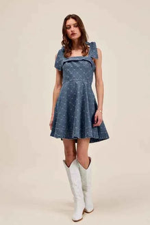 SO ME A Line Fit and Flare Diamond Bow Ribbon Denim Dres