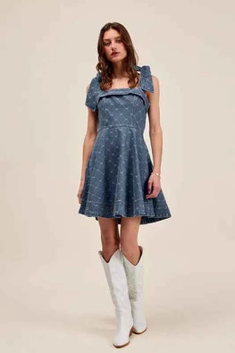 SO ME A Line Fit and Flare Diamond Bow Ribbon Denim Dres