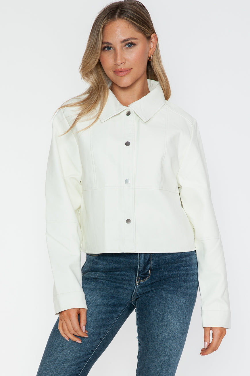 Snobbish Snap Down Long Sleeve PU Leather Jacket - TopFashionHQ