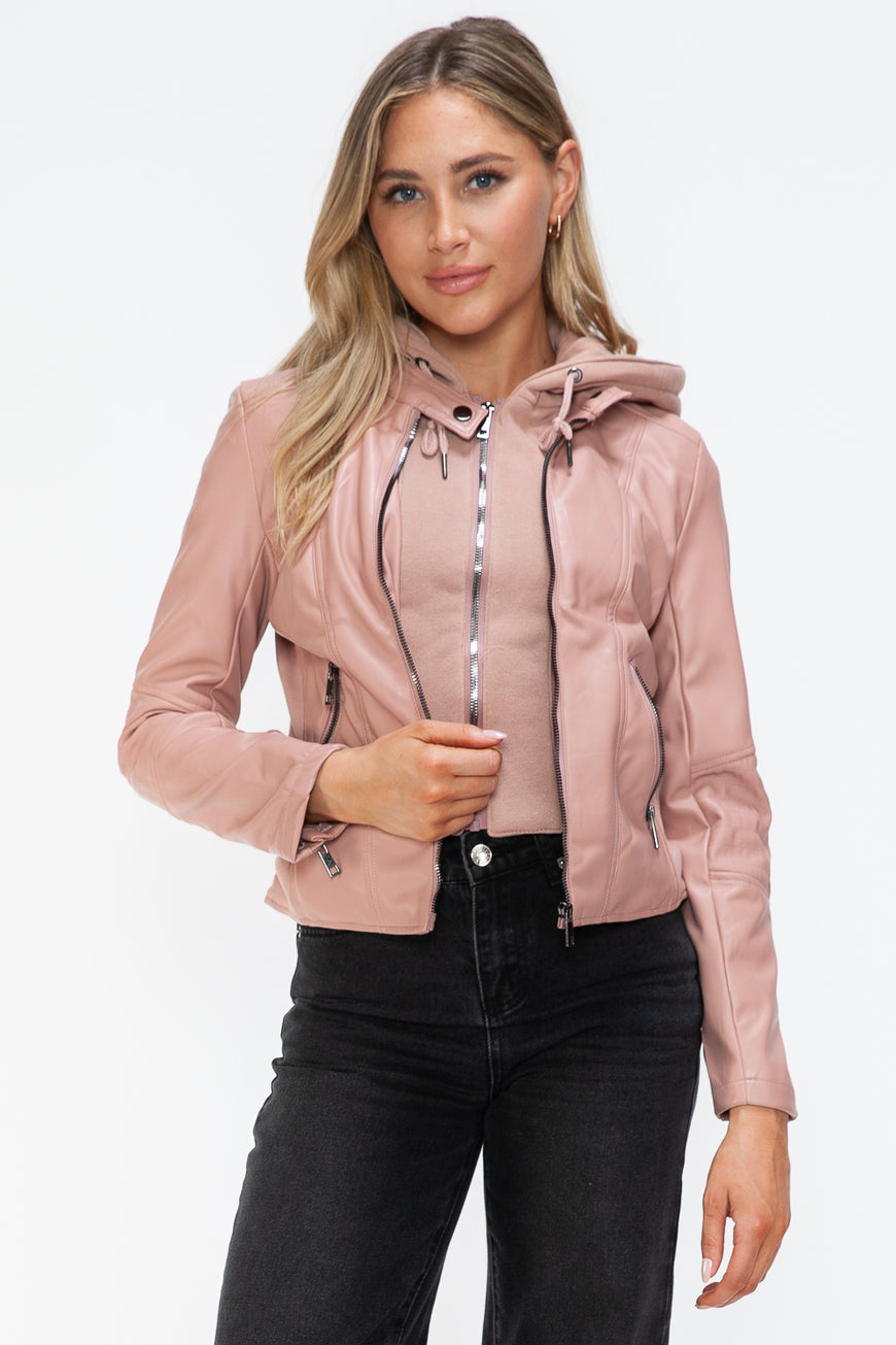 Snobbish Faux Leather Zip Up Drawstring Hooded Jacket - TopFashionHQ