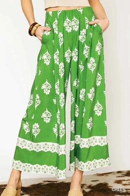 Umgee Floral Pleated Wide-Leg Pants