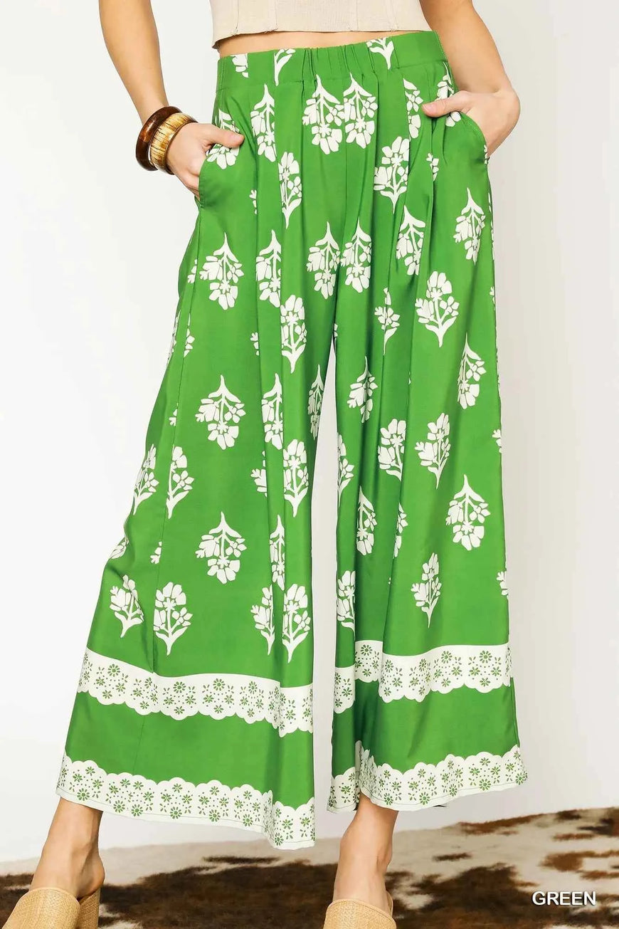 Umgee Floral Pleated Wide-Leg Pants