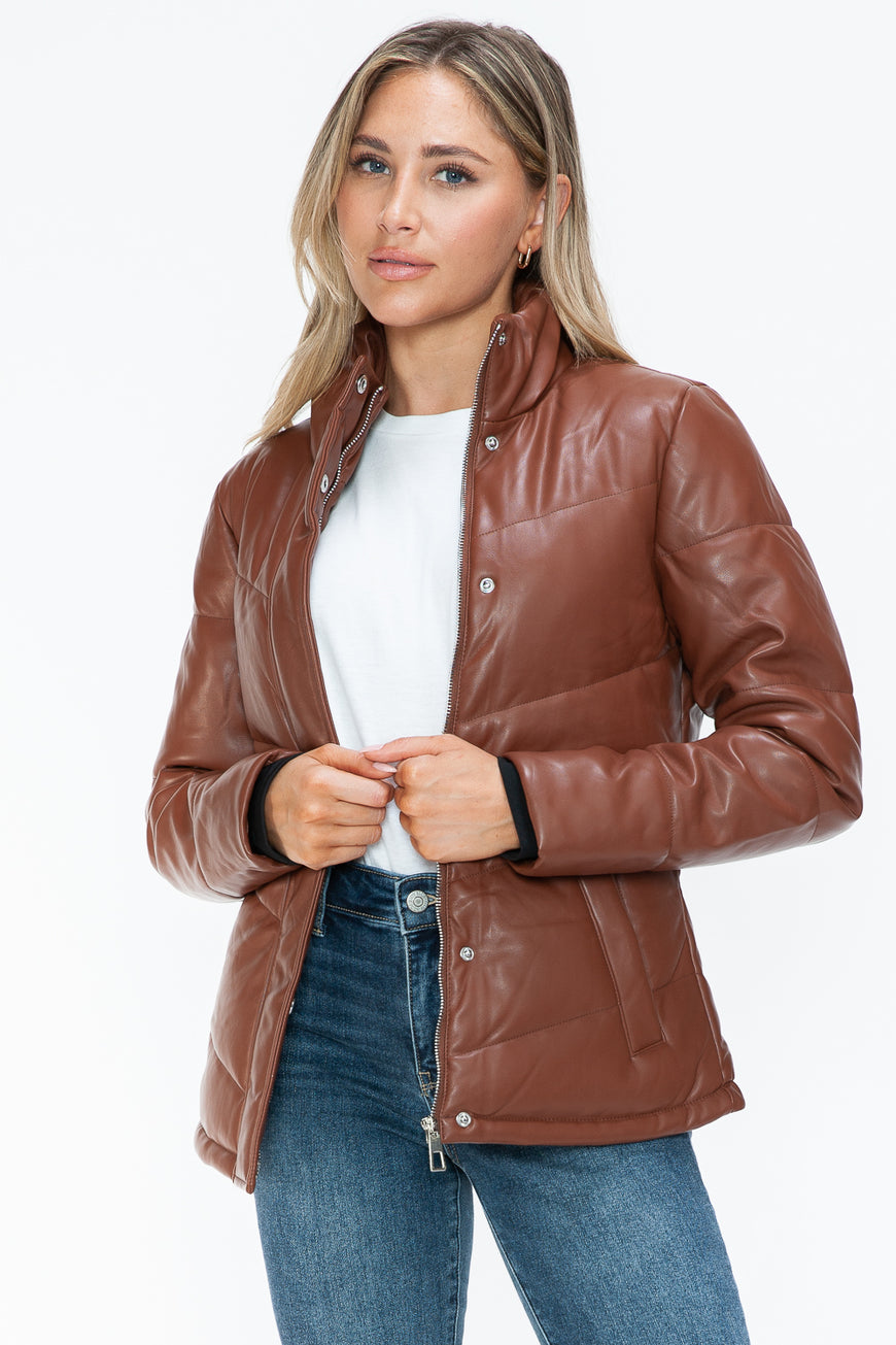 Snobbish Pocketed Zip Up Turtleneck Puffer Jacket - TopFashionHQ