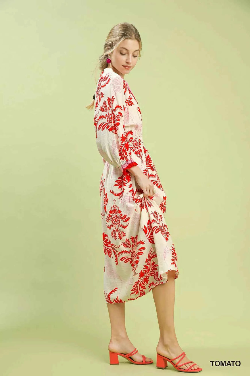 Umgee Tropical Print Button Detail Midi Dress