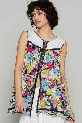 POL Lace Detail Floral Print Sleeveless Blouse