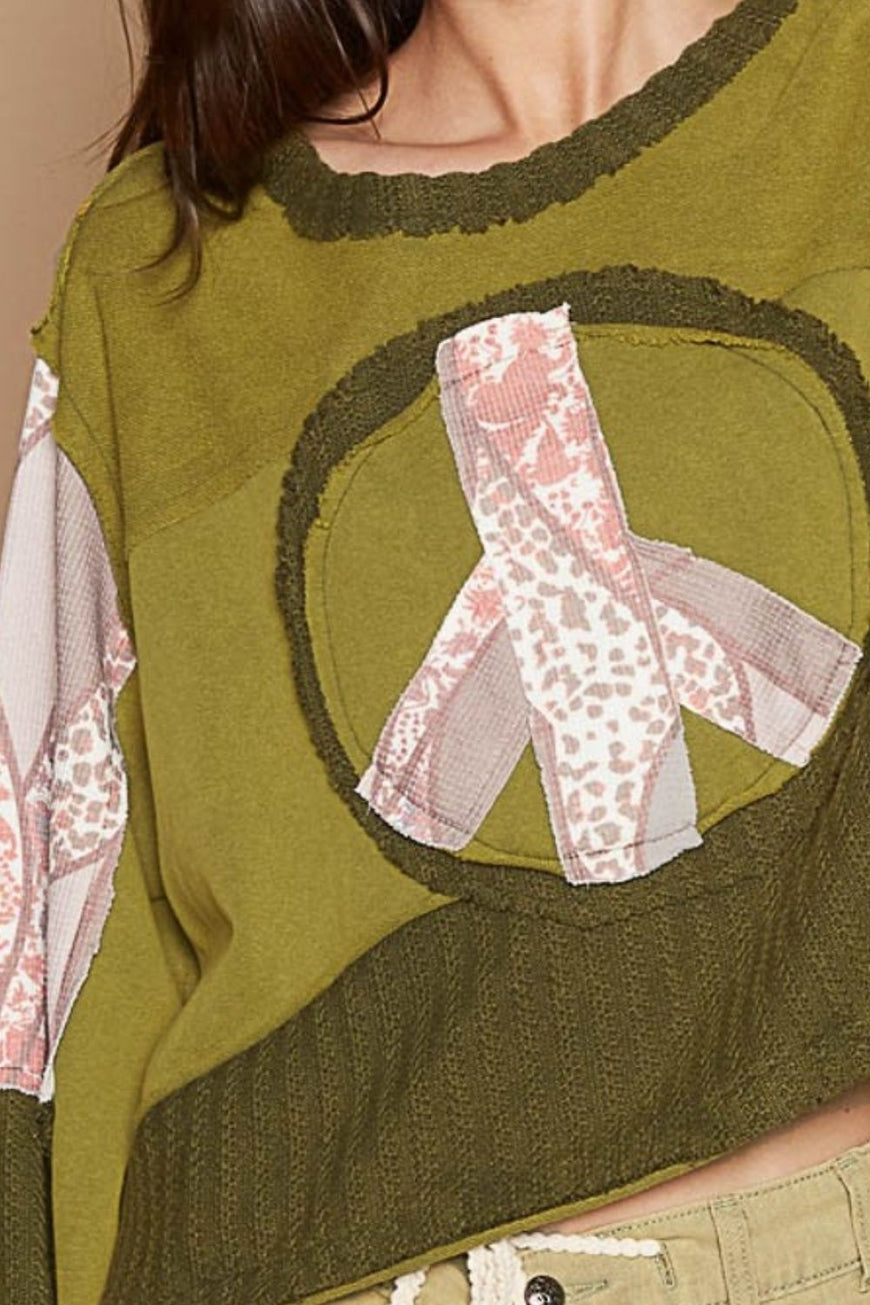 POL Long Sleeve Cut Sew Peace Emblem Top - TopFashionHQ