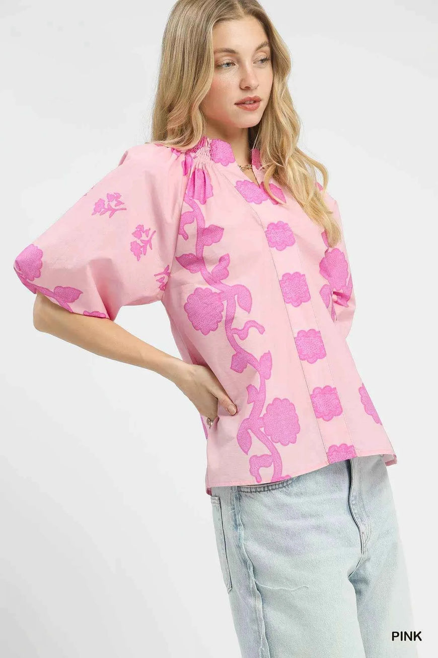 Umgee Floral Smocked Notched Puff Sleeve Blouse