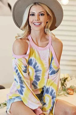 BiBi Tie Dye Print Terry Top with Cold Shoulder Detail