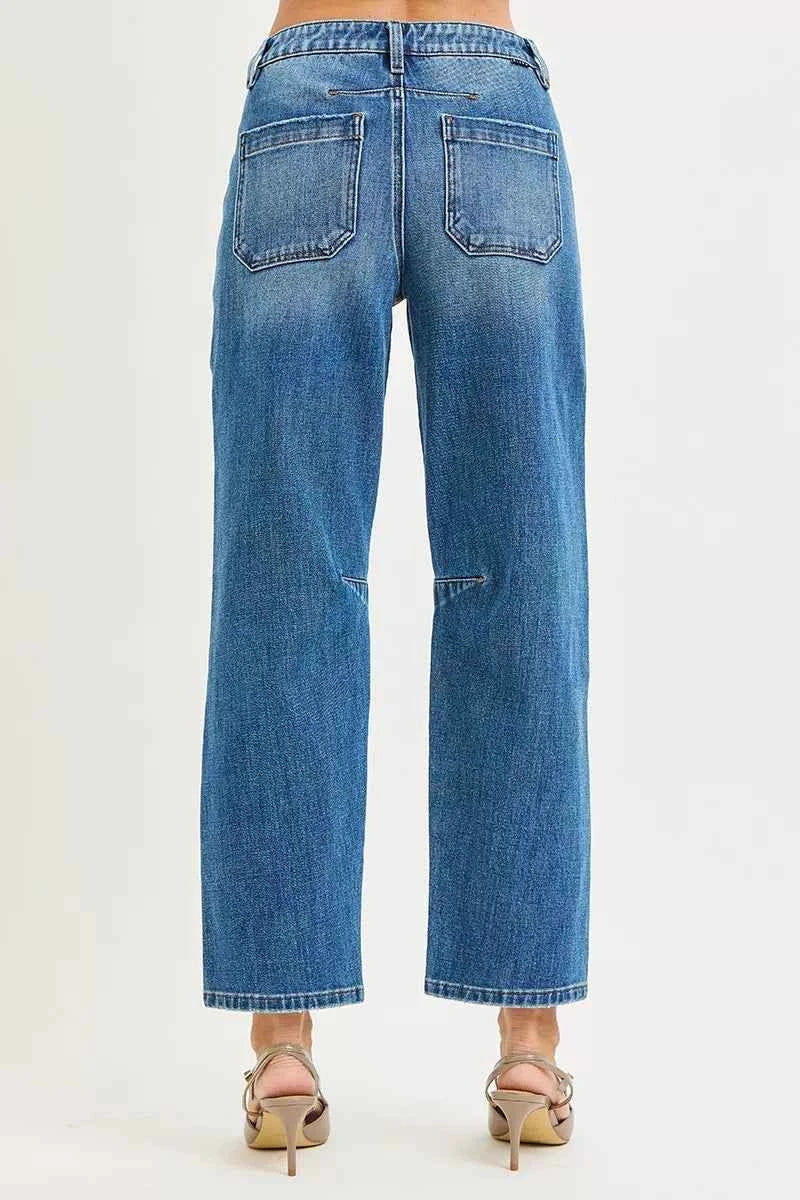RISEN 4 Way Stretch Mid Rise Barrel Jeans with Patch Pocket Detail