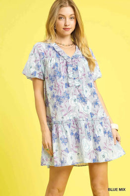 Umgee Floral Ruffled Puff Sleeve Mini Dress