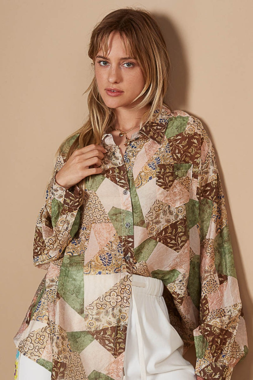 POL Button-Down Long Sleeve Printed Shirt - TopFashionHQ