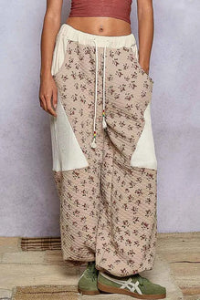 POL Drawstring Quilted Printed Knit Floral Pants with Double Gauze Patchwork
