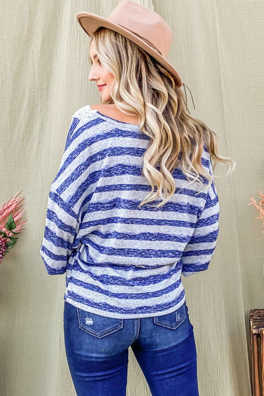 And The Why Striped Lace Detail V Neck Top - TopFashionHQ