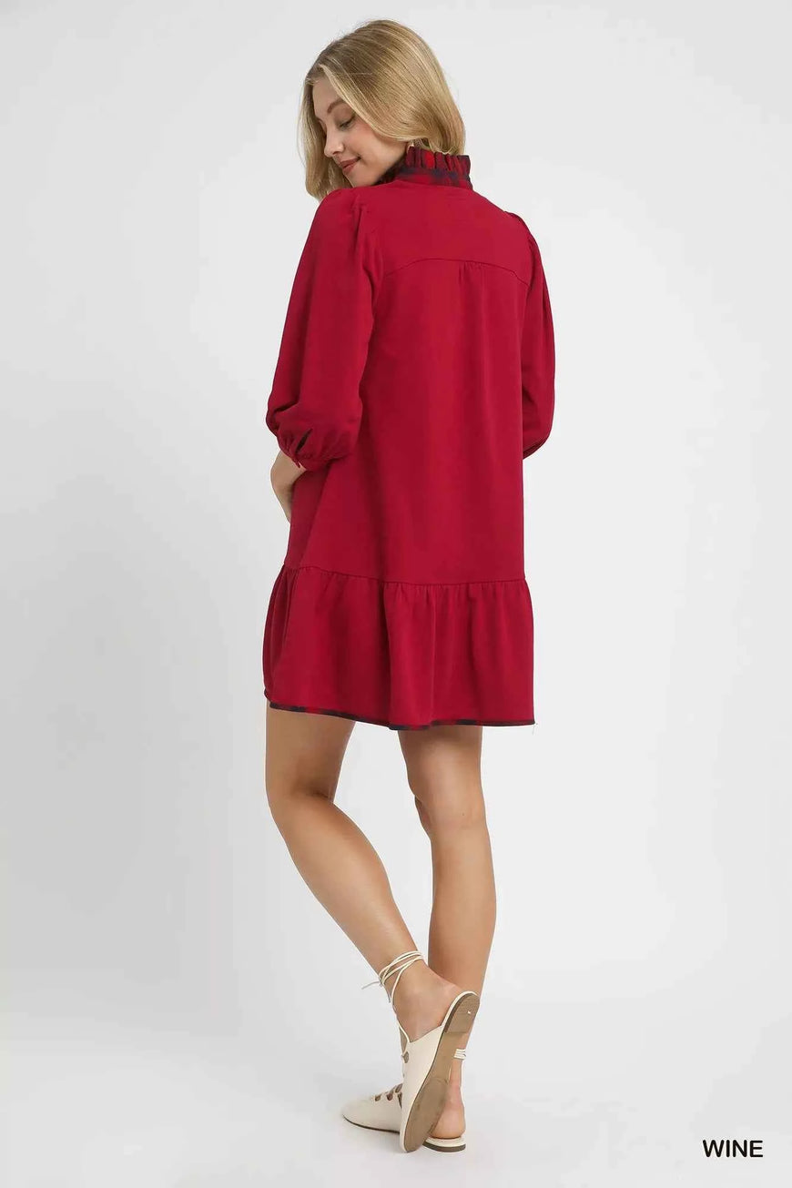 Umgee French Terry Ruffle Hem Dress with Plaid Trim
