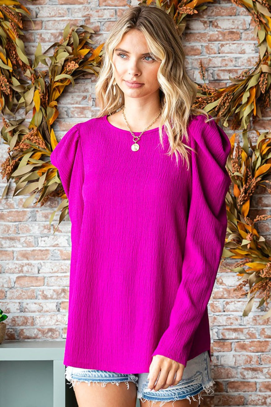 First Love Texture Puff Sleeve Round Neck Blouse - TopFashionHQ