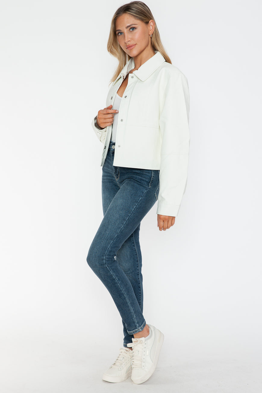 Snobbish Snap Down Long Sleeve PU Leather Jacket - TopFashionHQ