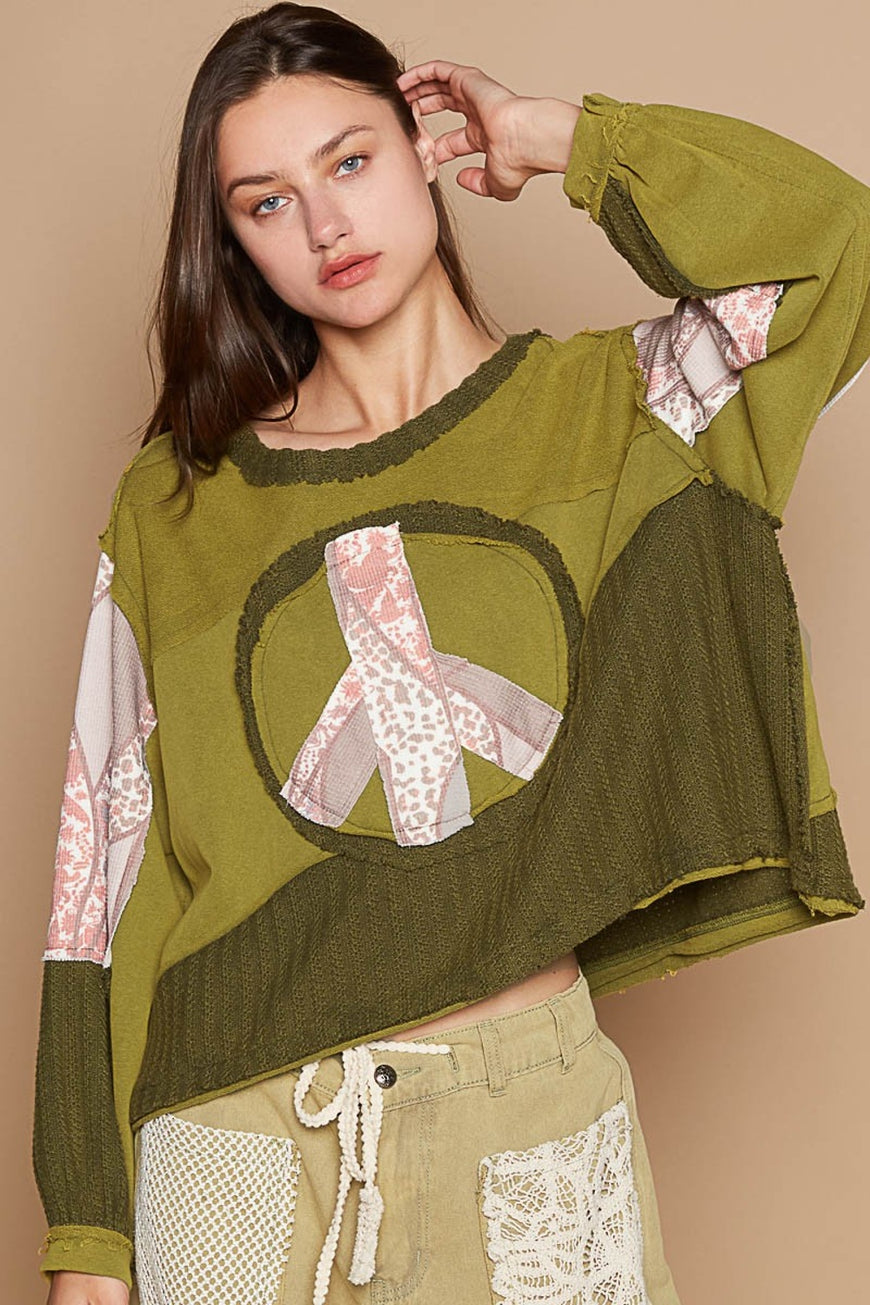 POL Long Sleeve Cut Sew Peace Emblem Top - TopFashionHQ