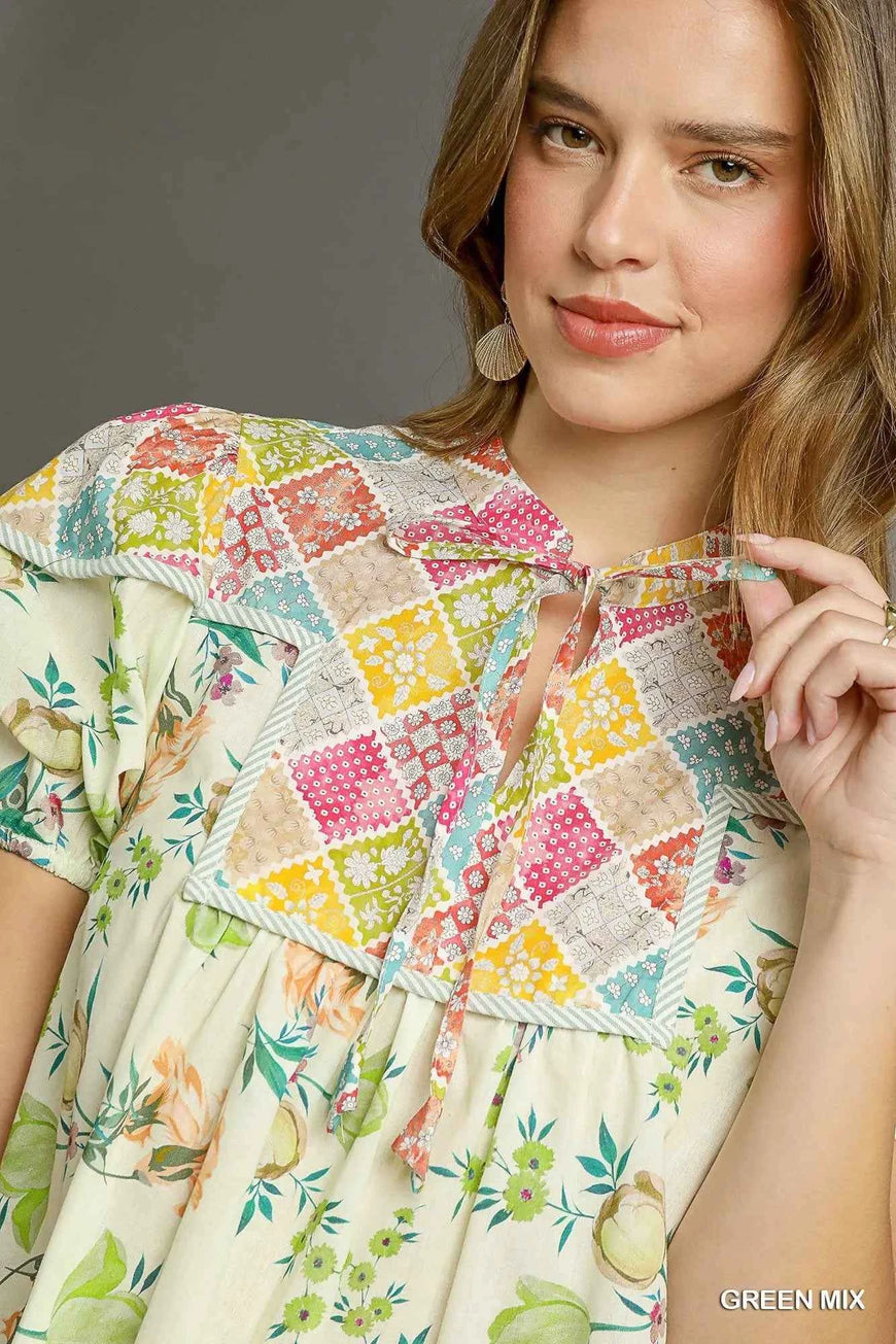 Umgee Floral Print Tie Neck Puff Sleeve Dress